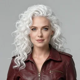 portrait of a beautiful woman, white curly hair, leather jacket, by mandy jurgens