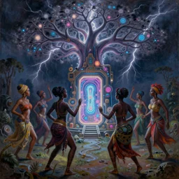 african women dancing around a glowing, energized, steampunk neon portal near the electric tree of life in a lightning storm, by alan kenny, evgeni gordiets, dan mumford, and alan parry. oil on canvas, detailed and intricate environment, dim lighting, rim lighting. highly detailed. masterpiece