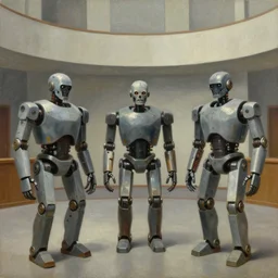 three brutalist robot judges in a rotunda room, grant wood, pj crook, edward hopper, oil on canvas