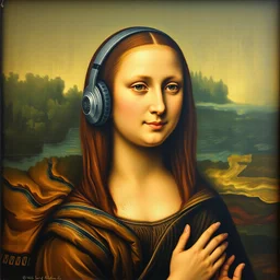 painting of the mona lisa portrait showing her wearing headphones