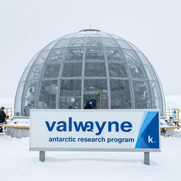 a research base in antarctica with glass dome, snow storm outside and there is a billboard in front with the inscription valwayne antarctic research program, 4 k,