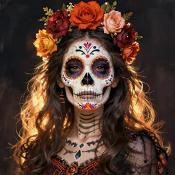 Illustration of a sugar skull day of the dead girl, art by edmund dulac