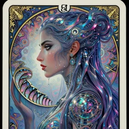 altered carbon, Maya Ali cyber sorceress, side view, tarot card, sweat drops, fibonacci, fractals, insane, prismatic, intricate, highly detailed, digital painting, artstation, concept art, smooth, sharp focus, illustration, Unreal Engine 5, 8K, art by artgerm and greg rutkowski and alphonse mucha