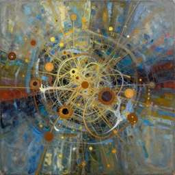 an intricate and complex abstract painting with a lot of stains, golden threads, brown holes, surreal style, colorful