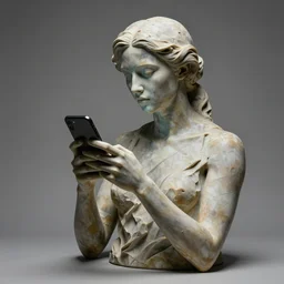 brutalist sculpture of a woman using a smart phone, wide angle, studio photography