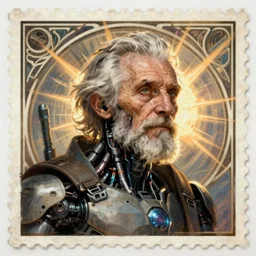 Ultra realistic illustration of an old man cyborg cyberpunk sci-fi fantasy dystopian art nouveau graphic design old stamp
