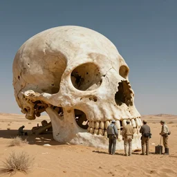 Paleontologists finding a gigantic skull in the desert