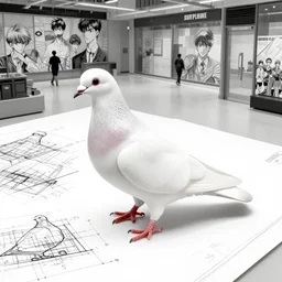 pigeon isometric, realistic blueprints, greyscale photo museum, manga style, 1 9 8 0