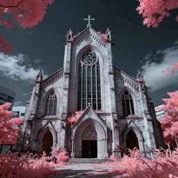 a beautiful detailed rendering of church building industrial architecture unfinished building urbex by moon hoon, infrared san andreas tokyo nightvision reclaimed by nature sci - fi at night, archdaily, wallpaper, highly detailed, trending on artstation.