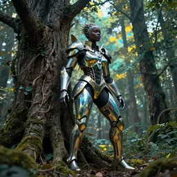 hyperrealistic avant garde cinematic super expressive! black woman with exoskeleton armor, merging with tree in a forest, highly detailed digital art masterpiece, smooth cam de leon eric zener dramatic pearlescent soft teal yellow light, ground angle hd 8 k, sharp focus