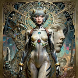 ultra realistic illustration of a retro futuristic female cyborg punk art nouveau filgree scrollwork, masterpiece, intricate, highly detailed, sharp, plug suit rei ayanami plug suit radially symmetric alien megastructure turbulent bismuth glitchart atmospheric cinematic environmental architectural design john berkey potrait sculpture of gigantic head surround