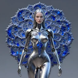 portrait of a futuristic metallic armored cyborg queen, elegant intricate highly detailed mandelbrot fractal, beautiful lapis lazuli details, subsurface scattering, by arthem priakhin, zhao yun, giger, mucha