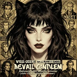 portrait illustration of a femme fatale. thick shaggy hair, cat eyes. dystopian, detailed, art nouveau, pop art, comic book style. influenced by neil gaiman, h. p. lovecraft, raymond swanland, will eisner, voitv, eyardt, jordan grimmer.
