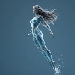 a 3 d rendering of a long shot beautiful woman with long hair whose body is made out of water