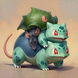 painting of hybrid mouse!!! and ( ( ( ( bulbasaur ) ) ) ) fused together, intercrossed animal, by zdzislaw beksinski, by lewis jones, mattias adolfsson, cold hue's, warm tone gradient background, concept art, digital painting