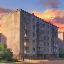 a soviet suburban panel building house with sunset sky, ultra high quality, 4 k, by miyazaki and makoto shinkai, anime screenshot, colorful, artstation, pixiv,