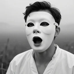 Extreme Close-Up (ECU) vintage black and white portrait photo of a young man dressing in white robes wearing white masks in the field, the man is screaming, cinematic lighting, cinematic composition, cinematic atmosphere, misty foggy. Vogue photography Sigma 85mm f/5-6.3 lens, portrait winning photograph.