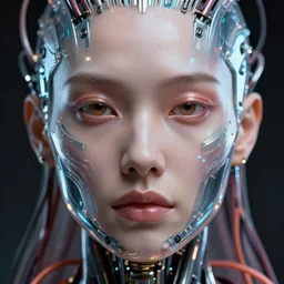 a beautiful close up portrait of human face, with epic bionic cyborg implants, wires, tubes, biomechanical details, liquid, prismatic highlights, symmetrical, cinematic, concept art, 5 0 mm, artstation, elegant, focus, octane render, vray, by h. r. giger