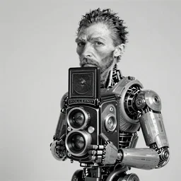 photo of vincent van gogh as a cyborg by diane arbus, black and white, high contrast, rolleiflex, 5 5 mm f / 4 lens