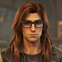 a full figure screenshot of a handsome guy with very long brownish! hair, with nerdy glasses in borderlands 2