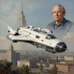 a beautiful matte painting of a flying science fiction space ship over the old soviet city simon stalenhag and alan bean, trending on artstation, realistic rendering