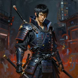 an oil painting of cyberpunk samurai