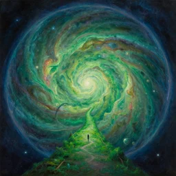 a hyperspace nebulae spiral chirality lagoon, strange and hauntingly beautiful, a verdant enchanted vibrant dreamscape protected by a magic barrier sphere | introspective meandering sci - fi fantasy endless path | gouache painting by thomas cole, terese nielsen, and edvard escher guay, magically shaped surrealism, trending on artstation