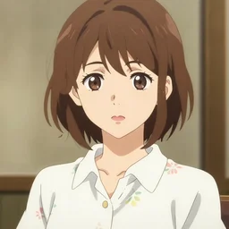 Detailed anime key visual of a beautiful Japanese woman with short brown hair, shoulder-length; wearing a white shirt with a floral pattern; Official media