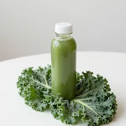 minimalist zen juice bottle on a zen minimalist white table lying on blanket of kale, intricate detail, high quality, hyperrealistic,