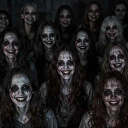 a photo of a crowd smiling at the camera, creepy, eerie