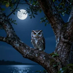 very very small owl, sitting on a gigantic banyan tree in moonlit lakshadweep by ilya kuvshinov, starry night, rtx rendering, octane render 1 2 8 k, maya, extreme high intricate details by tom bagshaw, medium shot, close up shot, composition by sana takeda, lighting by greg rutkowski