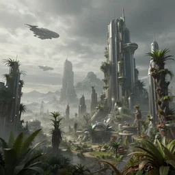 A realistic detailed photo of a futuristic city, alien plants, grey sky, futuristic buildings, flying ships in the background, foggy landscape, light particles, detailed light, realistic shaders, trending on artisation, detailed textures, detailed, realistic
