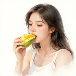 a sketch of a woman eating a mango