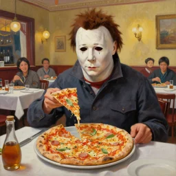 painting of Michael Myers in a five-star traditional Italian restaurant eating a tasty wonderful delicious pizza, well decorated, tables, happy, sharp focus, wide shot, trending on ArtStation, masterpiece, by Greg Rutkowski, by Ross Tran, by Fenghua Zhong, octane, soft render, oil on canvas, colorful, cinematic, environmental concept art