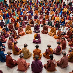 large crowd of thousands of monks wearing vr headsets and sitting in circular formation, by luis ricardo falero, louise zhang, trippy colors