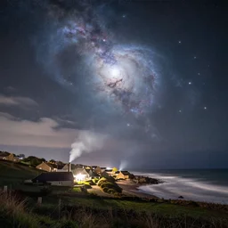 a beautiful double exposure of the astronomy picture of the day, nebula, with a rural seaside village landscape at night, soft white light, chimney smoke, long exposure clouds