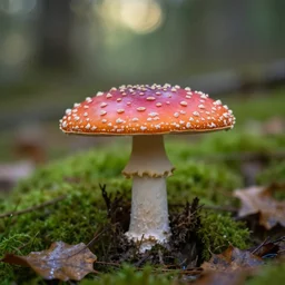 amanita muscaria mushroom, in a woodland, moss, leaves, bokeh, depth of field, f / 2. 8