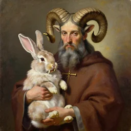 priest holding a bunny, bunny has big fangs, priest has ram horns, oil painting