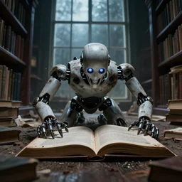 robot horror crawling out from an open book, library, dark window, disarray, messy, dirty, hyperrealistic, horror movie