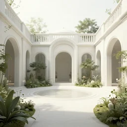 a minimalist luxurious scifi futuristic victorian garden courtyard by killian eng, moebius, philippe druillet