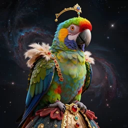 “Portrait of a parrot” wearing a beautiful Costume , on a dark nebula background” digital Art, concept Art, highly detailed, 3-D 4K, trending on art station, Award winning, Mark Brooks,