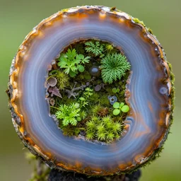 close up of moss agate with various living ecosystem growing inside, insanely detailed