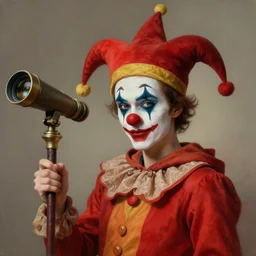 an anthropomorphic beautiful clown portrait holding a staff made of telescope wearing red hoodie, jester hat fine art, award winning, intricate, elegant, sharp focus, octane render, hyperrealistic, wizard hat cinematic lighting, highly detailed, digital painting, 8 k concept art, art by jamie hewlett and z. w. gu, masterpiece, trending on artstation, 8 k