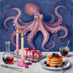 sensual, dripping candles, surgical equipment, giant octopus, a female emo art studio, raw pork, berry juice drips, pancakes, coffee, berries, scientific glassware coloured liquids, art supplies, candles dripping wax, neo - impressionist surrealism, acrylic and spray paint and oilstick on canvas