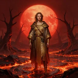 epic portrait an space survivor melting on an hot lava world full of dead trees, red, giant red sun, lava, digital painting, artstation, concept art, soft light, hdri, smooth, sharp focus, illustration, fantasy, intricate, elegant, highly detailed, D&D, matte painting, in the style of Greg Rutkowski and Alphonse Mucha and artemisia, 8k, highly detailed, jurgens, rutkowski, bouguereau, pastoral, rustic, georgic