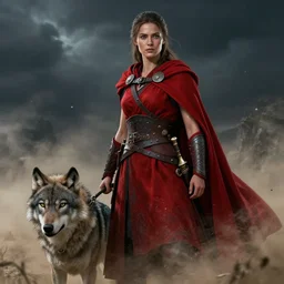 a cinematic shot of an epic portrait of a warrior woman in a red cloak, with a wolf on a leash, cloudy, dust, shiny skin, beautiful, small details. night environment. realistic poster with shaded lighting by craig mallism, artgerm, jeremy lipkin and michael garmash, unreal engine, radiant light, detailed and complex environment, digital art, trends at art station