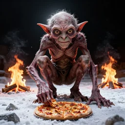 gollum smeagol grotesque crouching over a pizza, feet deep in the snow, looking in camera, backlight, black sky, fire burning, ultra detailed, hyper realistic, wide shot, by beksinski, giger, greg rutkowski, trending on artstation, deviantart, digital art, masterpiece, photorealism
