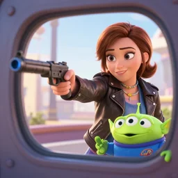 disney character woman wearing a leather jacket inside a mcdonalds while pointing an automatic rifle at the lens, inside out movie still, walt disney motion pictures, high detail, natural light, ray tracing, trending on artstation, 4 k, ultra hd, blu ray