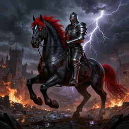 a menacing knight in full plate of black armor, splattered with blood, riding a large black war horse, with red glowing eyes flowing red mane and tail, blackened clouds cover sky, crackling with lightning, a castle in distance burns, the ground is wet and cracked, d & d, fantasy, highly detailed, digital art, illustration,