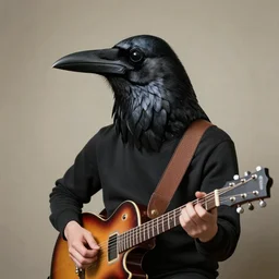 a guitarist who has the head of a crow, surrealistic, photorealistic